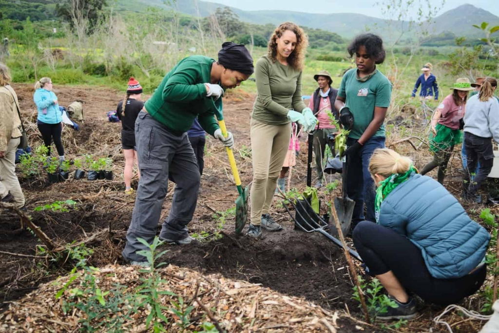 Interns digging soil for the plants.