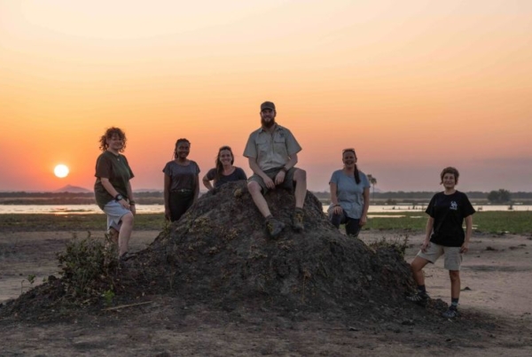 Participants in Lilongwe on top of a rock in front of a setting sun.