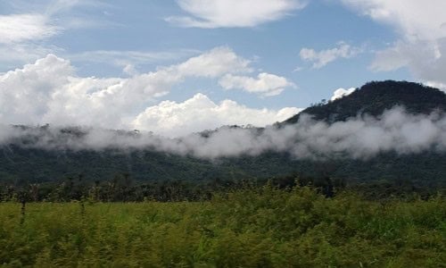 mountain backdrop with green forest and clouds
